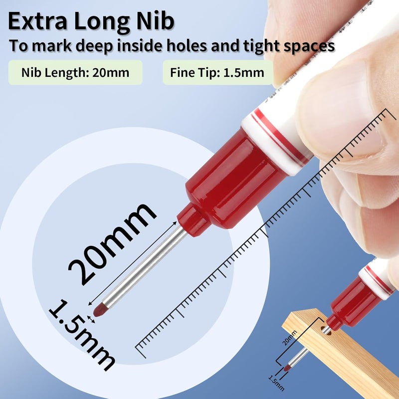 Mkobon 15 Pcs Long Head Deep Hole Marker, 20 mm Long Nose Nib Deep Reach Metal Marking Pen, Quick-drying Waterproof Permanent Pens For Carpenter, Woodworking, Construction (Red) - Image 2